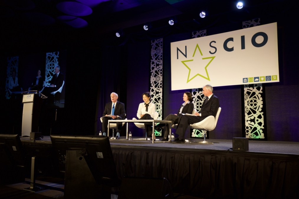 Left to right: NASCIO Executive Director Doug Robinson, California CIO Amy Tong, Minnesota CIO Johanna Clyborne, Grant Thornton executive Graeme Finley. (StateScoop)