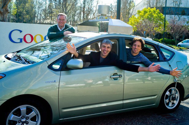 Google's Larry Page, Eric Schmidt and Sergey Brin in one of the company's self-driving cars in 2011. (Courtesy of Google)