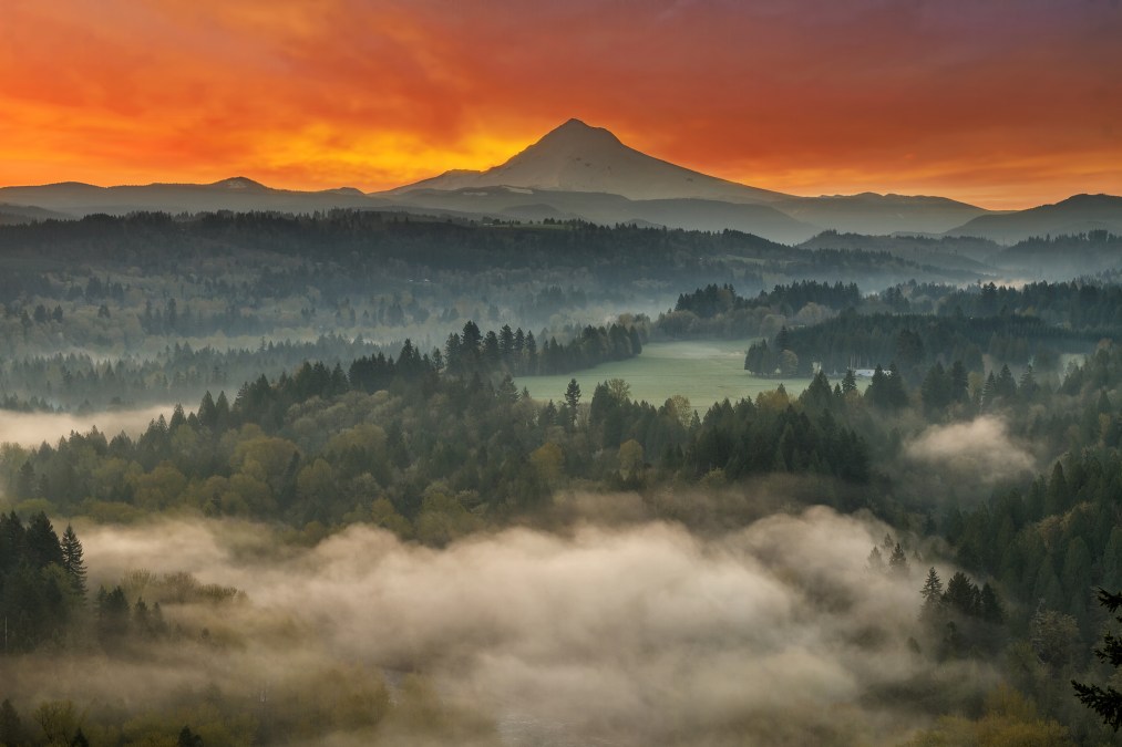 Mount Hood over foggy Sandy River Valley at Jonsrud Viewpoint