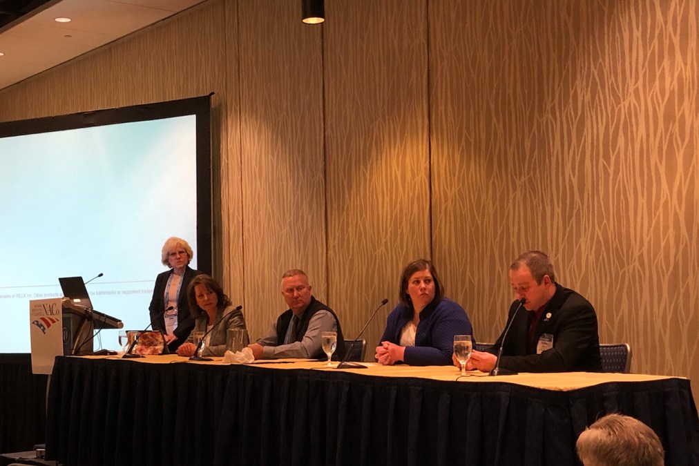 Latah County, Idaho, IT Director Laurel Caldwell; Stevens County, Washington, IT Director Mark Curtis; NASCIO analyst Meredith Ward; and Center for Internet Security program manger Jamie Ward speak at a cybersecurity panel at the National Association of Counties legislative conference in Washington, D.C.
