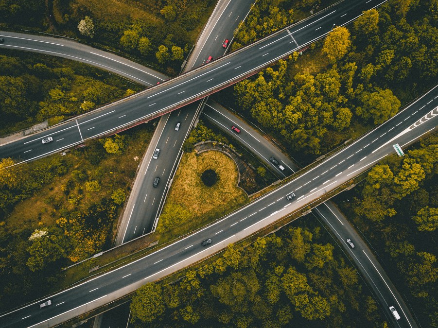 aerial view of roadway interchange