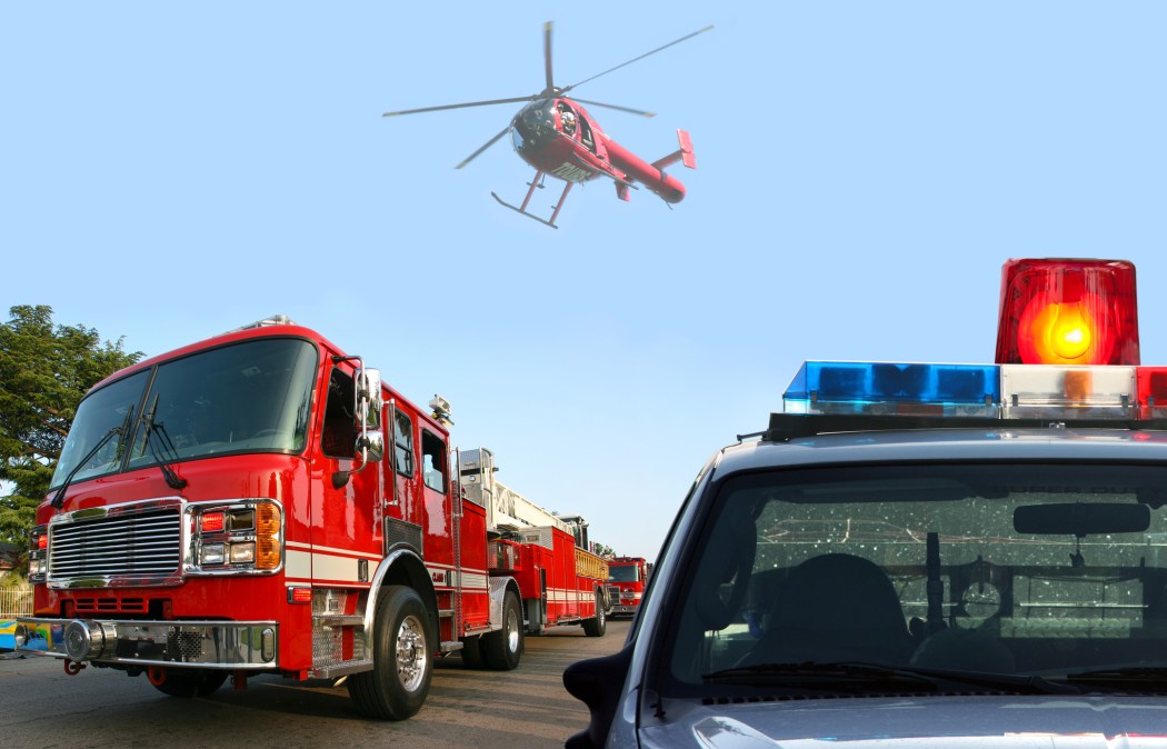 fire trucks, helicopter