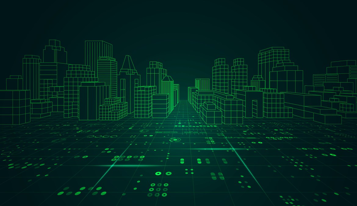 green and black wireframe outline of city