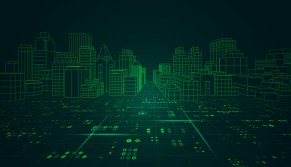 green and black wireframe outline of city