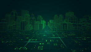 green and black wireframe outline of city
