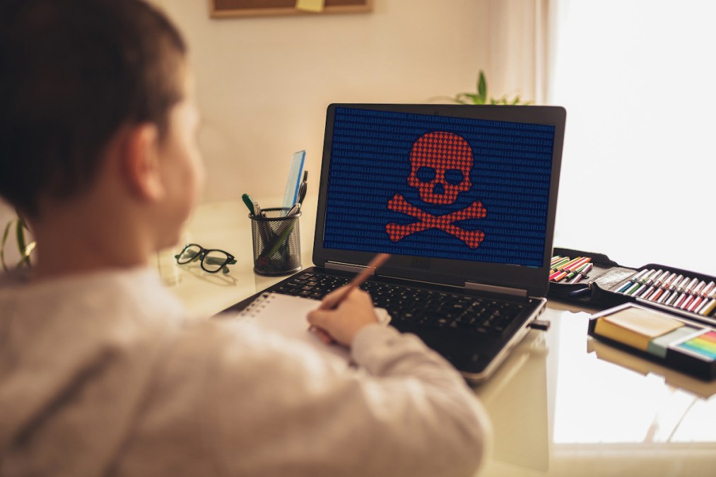 student looking at screen with skull and crossbones