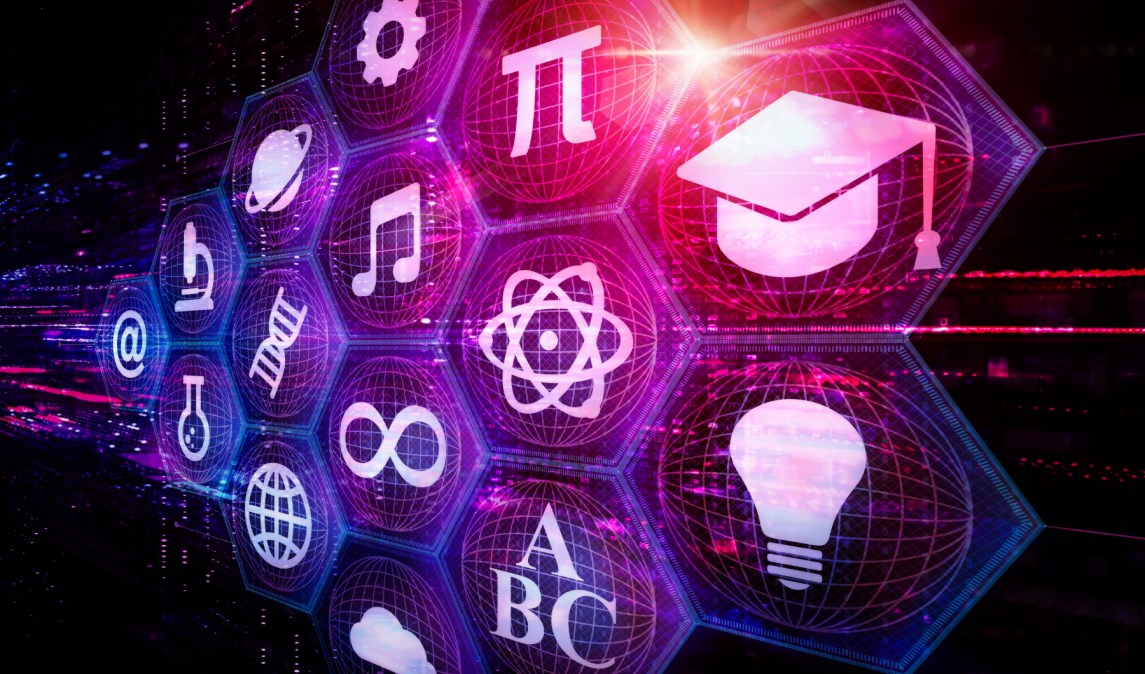 Conceptual image of education and technology symbols placed in a hexagonal grid with purple and pink lighting.