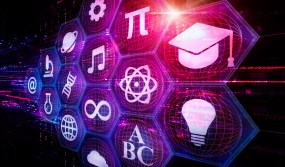 Conceptual image of education and technology symbols placed in a hexagonal grid with purple and pink lighting.