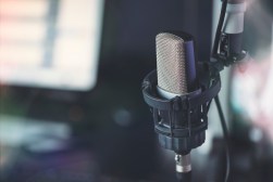Close up of microphone in radio broadcast studio