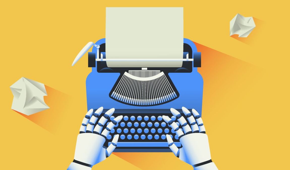 robot hands on typewriter
