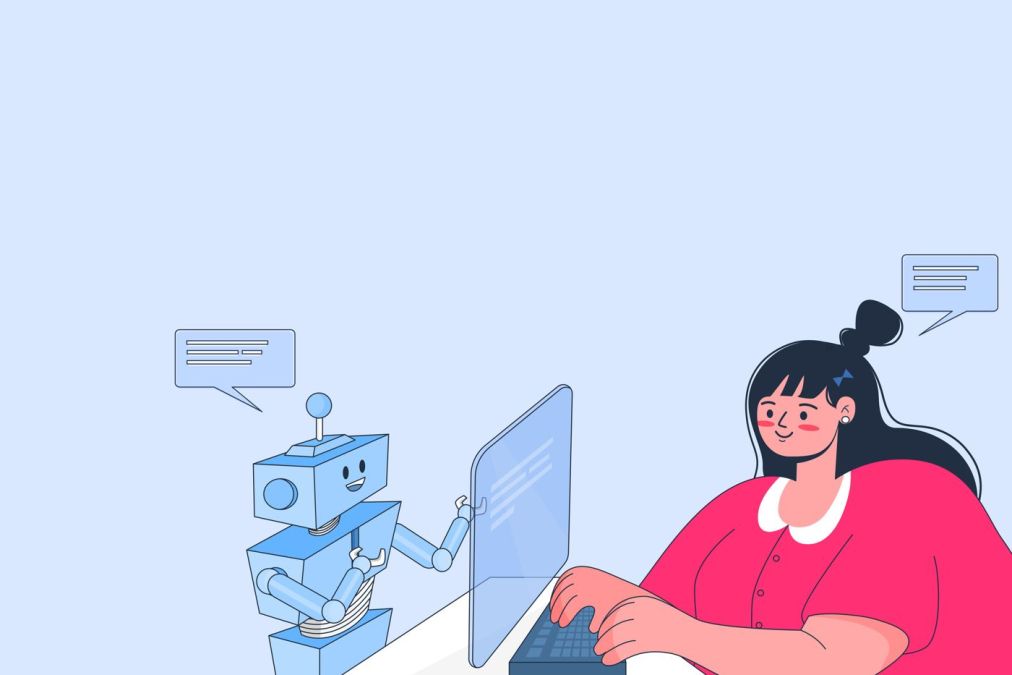 cartoon of woman using chatbot