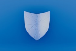 A visually striking blue background showcasing a shield with crack patterns, reflecting concepts of security, protection, and vulnerability in an artistic expression.