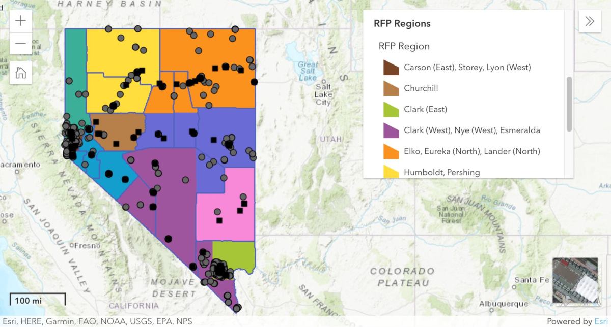 A screenshot of a map of the US with 10 regions within Nevada highlighted in different colors